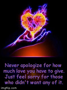 Never | Never apologize for how much love you have to give. Just feel sorry for those who didn't want any of it. | image tagged in feel | made w/ Imgflip meme maker