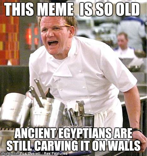 Chef Gordon Ramsay | THIS MEME  IS SO OLD; ANCIENT EGYPTIANS ARE STILL CARVING IT ON WALLS | image tagged in memes,chef gordon ramsay | made w/ Imgflip meme maker