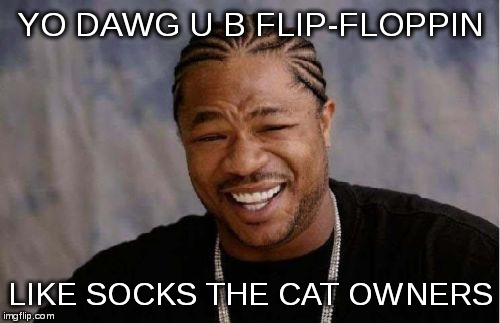 Yo Dawg Heard You Meme | YO DAWG U B FLIP-FLOPPIN LIKE SOCKS THE CAT OWNERS | image tagged in memes,yo dawg heard you | made w/ Imgflip meme maker