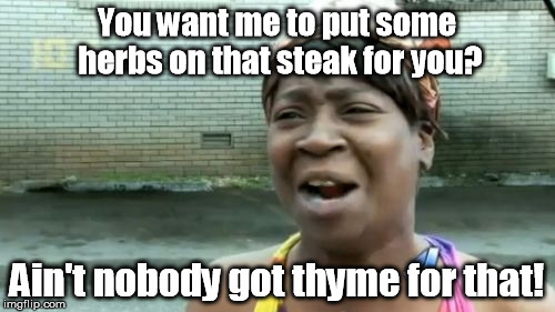 Ain't Nobody Got Time For That Meme | You want me to put some herbs on that steak for you? Ain't nobody got thyme for that! | image tagged in memes,aint nobody got time for that | made w/ Imgflip meme maker