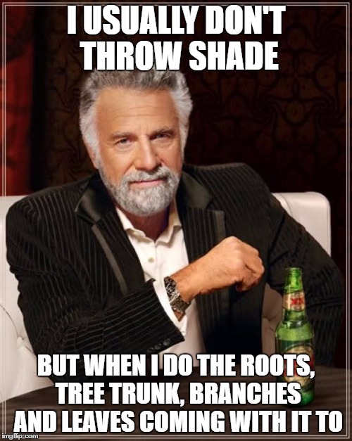 The Most Interesting Man In The World Meme | I USUALLY DON'T THROW SHADE; BUT WHEN I DO THE ROOTS, TREE TRUNK, BRANCHES AND LEAVES COMING WITH IT TO | image tagged in memes,the most interesting man in the world | made w/ Imgflip meme maker