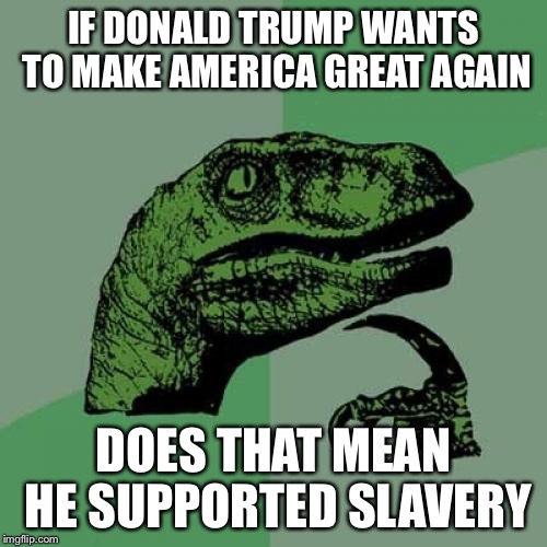 Philosoraptor | IF DONALD TRUMP WANTS TO MAKE AMERICA GREAT AGAIN; DOES THAT MEAN HE SUPPORTED SLAVERY | image tagged in memes,philosoraptor | made w/ Imgflip meme maker