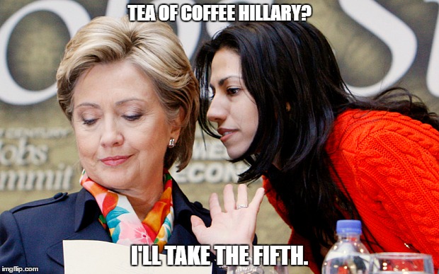 Hillary practices her new press strategy. | TEA OF COFFEE HILLARY? I'LL TAKE THE FIFTH. | image tagged in if i say nothing they'll stop asking | made w/ Imgflip meme maker