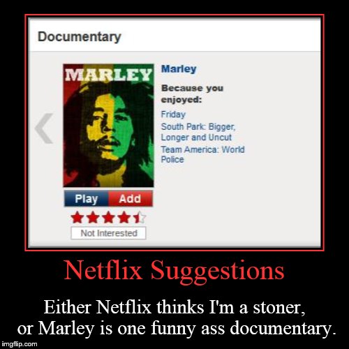 Netflix Suggestions | Netflix Suggestions | Either Netflix thinks I'm a stoner, or Marley is one funny ass documentary. | image tagged in funny,demotivationals,demotivational week,my actual netflix suggestion,marley,netflix suggestions | made w/ Imgflip demotivational maker