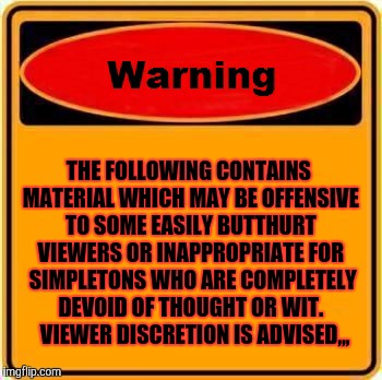 Warning Sign Meme | THE FOLLOWING CONTAINS MATERIAL WHICH MAY BE OFFENSIVE TO SOME EASILY BUTTHURT VIEWERS OR INAPPROPRIATE FOR  SIMPLETONS WHO ARE COMPLETELY DEVOID OF THOUGHT OR WIT. 
 VIEWER DISCRETION IS ADVISED,,, | image tagged in memes,warning sign | made w/ Imgflip meme maker