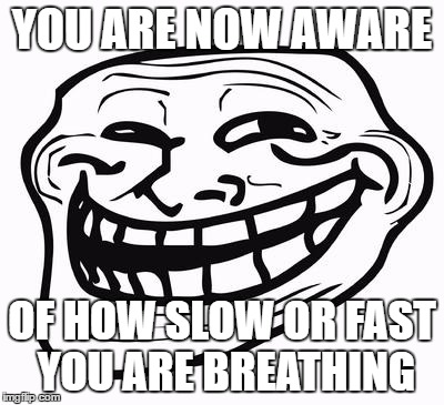 Anxiety problems | YOU ARE NOW AWARE; OF HOW SLOW OR FAST YOU ARE BREATHING | image tagged in trollface | made w/ Imgflip meme maker