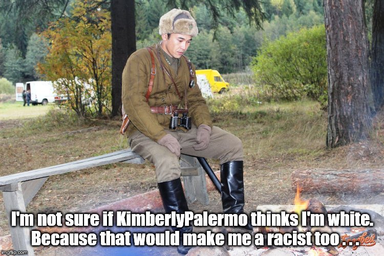 Corporal Chen Chang | I'm not sure if KimberlyPalermo thinks I'm white.  Because that would make me a racist too . . . | image tagged in corporal chen chang | made w/ Imgflip meme maker