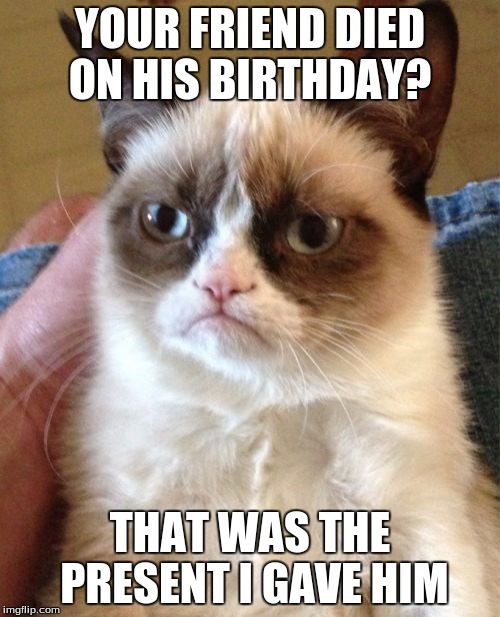 Grumpy Cat | YOUR FRIEND DIED ON HIS BIRTHDAY? THAT WAS THE PRESENT I GAVE HIM | image tagged in memes,grumpy cat | made w/ Imgflip meme maker