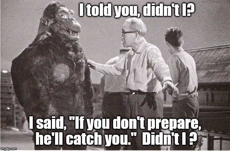 Kong with Director | I told you, didn't I? I said, "If you don't prepare, he'll catch you."  Didn't I ? | image tagged in kong with director | made w/ Imgflip meme maker