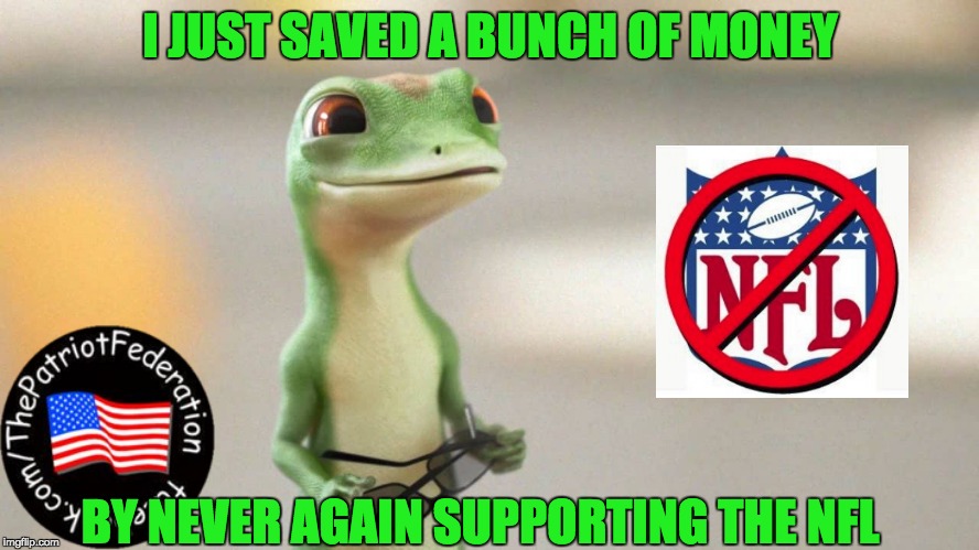 Geico Gecko | I JUST SAVED A BUNCH OF MONEY; BY NEVER AGAIN SUPPORTING THE NFL | image tagged in geico gecko | made w/ Imgflip meme maker