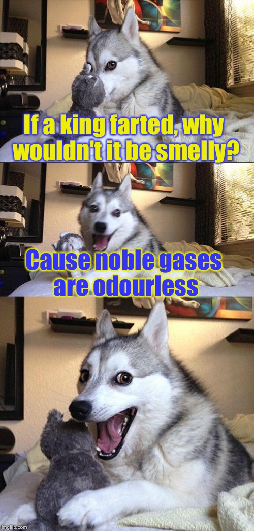 Bad Pun Dog | If a king farted, why wouldn't it be smelly? Cause noble gases are odourless | image tagged in memes,bad pun dog,fart,king,smelly | made w/ Imgflip meme maker