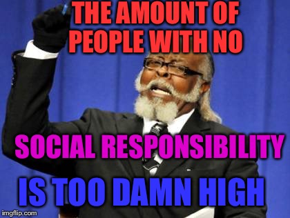 Sorry if I have a moral  obligation to act for the benefit of society at large. I stand with the children!!! | THE AMOUNT OF PEOPLE WITH NO; SOCIAL RESPONSIBILITY; IS TOO DAMN HIGH | image tagged in memes,too damn high | made w/ Imgflip meme maker