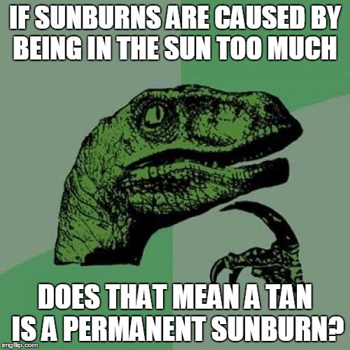 Philosoraptor Meme | IF SUNBURNS ARE CAUSED BY BEING IN THE SUN TOO MUCH; DOES THAT MEAN A TAN IS A PERMANENT SUNBURN? | image tagged in memes,philosoraptor | made w/ Imgflip meme maker