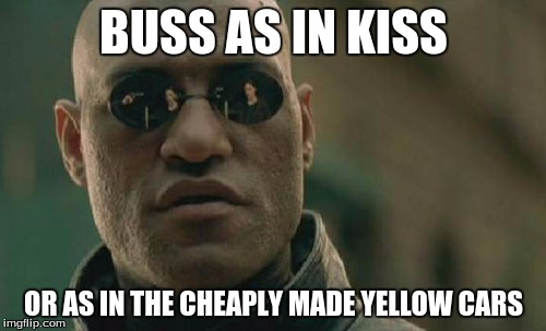 Matrix Morpheus Meme | BUSS AS IN KISS OR AS IN THE CHEAPLY MADE YELLOW CARS | image tagged in memes,matrix morpheus | made w/ Imgflip meme maker