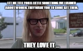 The love it! | LET ME TELL YOU A LITTLE SOMETHING I'VE LEARNED ABOUT WOMEN. THEY WANT YOU TO COME GET THEM. THEY LOVE IT ... | image tagged in wayne's world | made w/ Imgflip meme maker