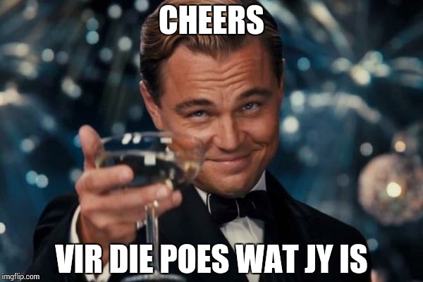 Leonardo Dicaprio Cheers Meme | CHEERS; VIR DIE POES WAT JY IS | image tagged in memes,leonardo dicaprio cheers | made w/ Imgflip meme maker