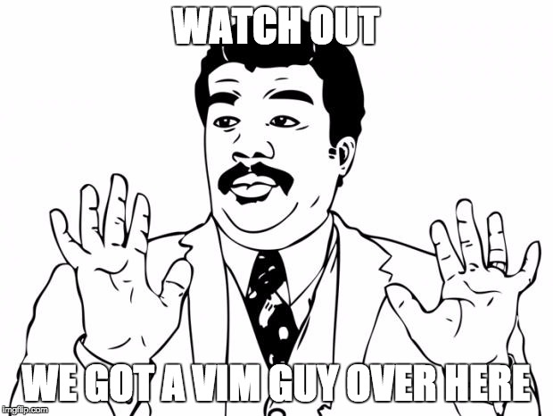 Watch out guys, We got us a badass over here | WATCH OUT; WE GOT A VIM GUY OVER HERE | image tagged in watch out guys we got us a badass over here | made w/ Imgflip meme maker