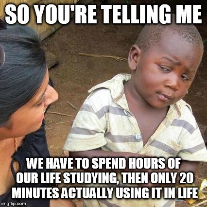 Third World Skeptical Kid Meme | SO YOU'RE TELLING ME WE HAVE TO SPEND HOURS OF OUR LIFE STUDYING, THEN ONLY 20 MINUTES ACTUALLY USING IT IN LIFE | image tagged in memes,third world skeptical kid | made w/ Imgflip meme maker