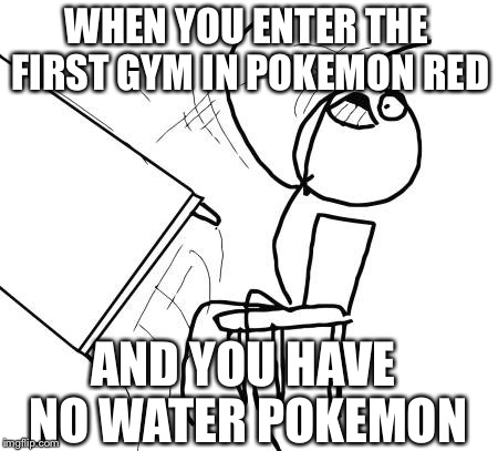 Table Flip Guy Meme | WHEN YOU ENTER THE FIRST GYM IN POKEMON RED; AND YOU HAVE NO WATER POKEMON | image tagged in memes,table flip guy | made w/ Imgflip meme maker