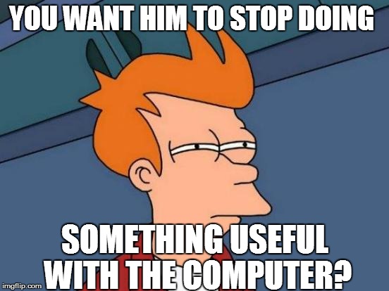 Futurama Fry Meme | YOU WANT HIM TO STOP DOING SOMETHING USEFUL WITH THE COMPUTER? | image tagged in memes,futurama fry | made w/ Imgflip meme maker