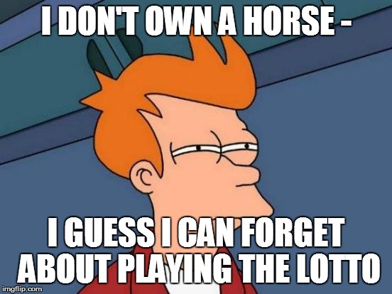 Futurama Fry Meme | I DON'T OWN A HORSE - I GUESS I CAN FORGET ABOUT PLAYING THE LOTTO | image tagged in memes,futurama fry | made w/ Imgflip meme maker