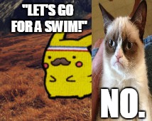 Workout Pikachu | "LET'S GO FOR A SWIM!"; NO. | image tagged in workout pikachu,grumpy cat | made w/ Imgflip meme maker