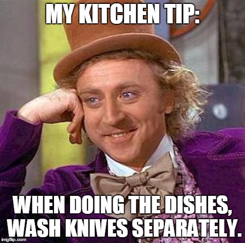 Creepy Condescending Wonka Meme | MY KITCHEN TIP:; WHEN DOING THE DISHES, WASH KNIVES SEPARATELY. | image tagged in memes,creepy condescending wonka | made w/ Imgflip meme maker