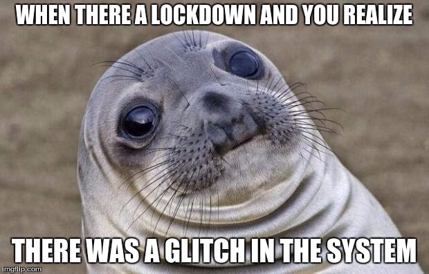 Awkward Moment Sealion Meme | WHEN THERE A LOCKDOWN AND YOU REALIZE; THERE WAS A GLITCH IN THE SYSTEM | image tagged in memes,awkward moment sealion | made w/ Imgflip meme maker