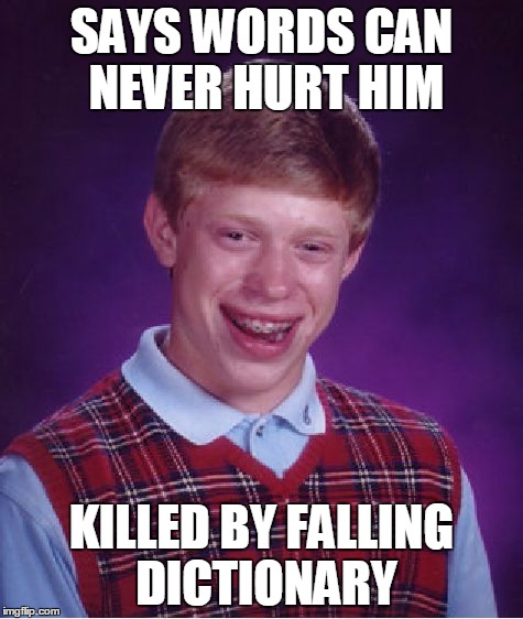 Bad Luck Brian Meme | SAYS WORDS CAN NEVER HURT HIM KILLED BY FALLING DICTIONARY | image tagged in memes,bad luck brian | made w/ Imgflip meme maker