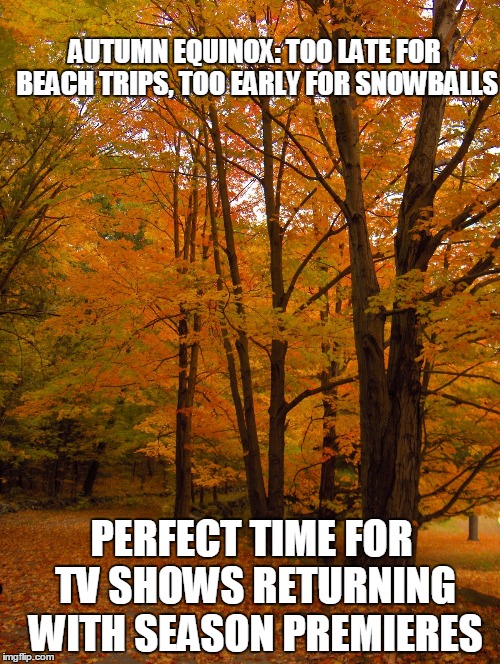 AUTUMN EQUINOX: TOO LATE FOR BEACH TRIPS, TOO EARLY FOR SNOWBALLS; PERFECT TIME FOR TV SHOWS RETURNING WITH SEASON PREMIERES | image tagged in memes | made w/ Imgflip meme maker