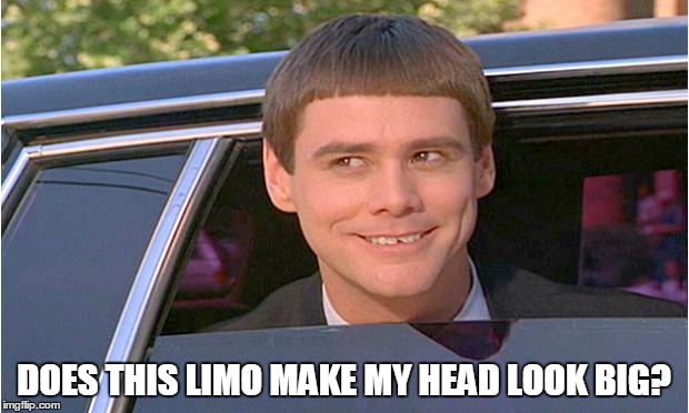 jim carry limo | DOES THIS LIMO MAKE MY HEAD LOOK BIG? | image tagged in jim carry limo,jim carry,funny,limo | made w/ Imgflip meme maker