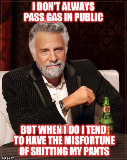 Shitty Days happen to EVERYONE  | I DON'T ALWAYS PASS GAS IN PUBLIC; BUT WHEN I DO I TEND TO HAVE THE MISFORTUNE OF SHITTING MY PANTS | image tagged in memes,the most interesting man in the world | made w/ Imgflip meme maker