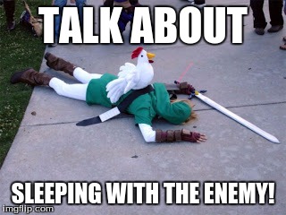 Link vs Chicken | TALK ABOUT; SLEEPING WITH THE ENEMY! | image tagged in sleeping,legend of zelda,chicken,link | made w/ Imgflip meme maker