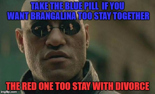 Matrix Morpheus Meme | TAKE THE BLUE PILL  IF YOU WANT BRANGALINA TOO STAY TOGETHER; THE RED ONE TOO STAY WITH DIVORCE | image tagged in memes,matrix morpheus | made w/ Imgflip meme maker