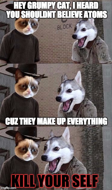 ATOMS | HEY GRUMPY CAT, I HEARD YOU SHOULDNT BELIEVE ATOMS; CUZ THEY MAKE UP EVERYTHING; KILL YOUR SELF | image tagged in grumpy cat and bad pun dog,funny memes,funny,memes,atoms,dad joke dog | made w/ Imgflip meme maker