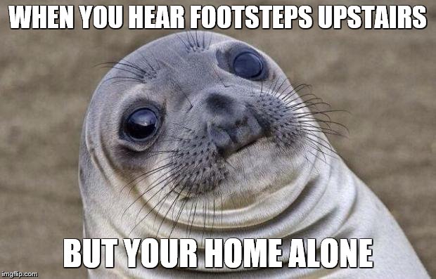 Awkward Moment Sealion |  WHEN YOU HEAR FOOTSTEPS UPSTAIRS; BUT YOUR HOME ALONE | image tagged in memes,awkward moment sealion | made w/ Imgflip meme maker