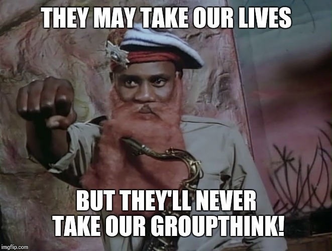 THEY MAY TAKE OUR LIVES; BUT THEY'LL NEVER TAKE OUR GROUPTHINK! | image tagged in braveheart,monty python | made w/ Imgflip meme maker
