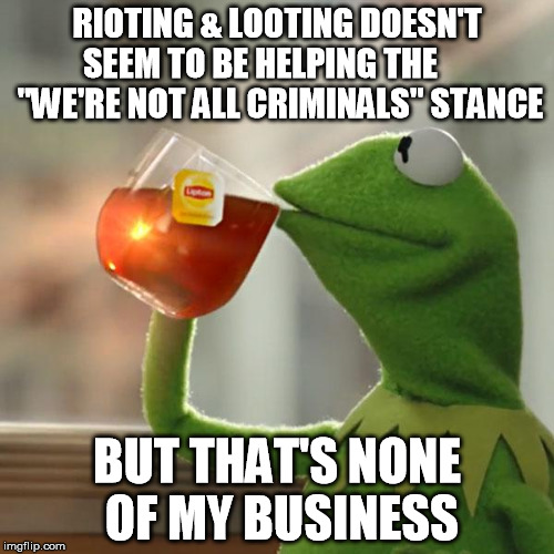 But That's None Of My Business | RIOTING & LOOTING DOESN'T SEEM TO BE HELPING THE       "WE'RE NOT ALL CRIMINALS" STANCE; BUT THAT'S NONE OF MY BUSINESS | image tagged in memes,but thats none of my business,kermit the frog | made w/ Imgflip meme maker