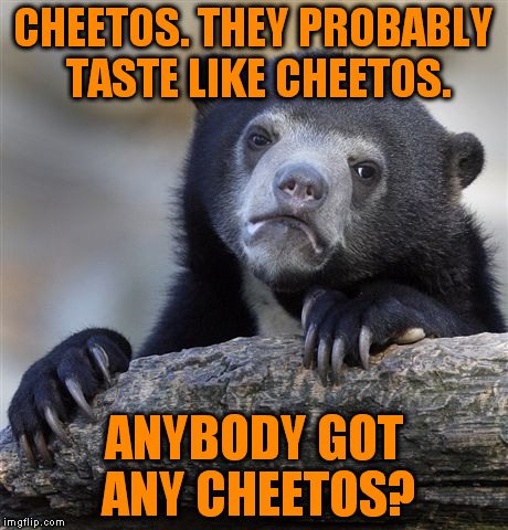 Confession Bear Meme | CHEETOS. THEY PROBABLY TASTE LIKE CHEETOS. ANYBODY GOT ANY CHEETOS? | image tagged in memes,confession bear | made w/ Imgflip meme maker