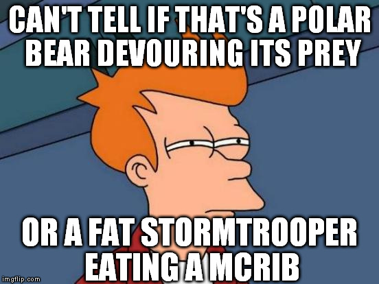 What's fat and white and red all over? | CAN'T TELL IF THAT'S A POLAR BEAR DEVOURING ITS PREY; OR A FAT STORMTROOPER EATING A MCRIB | image tagged in memes,futurama fry,the farce awakens | made w/ Imgflip meme maker