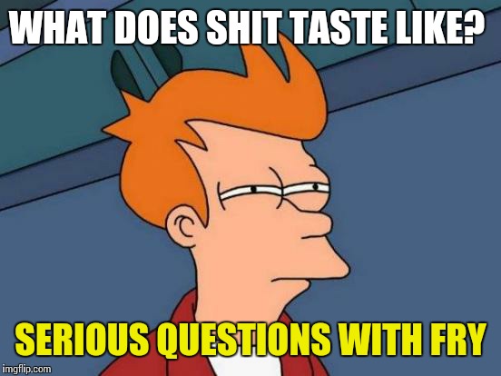 Futurama Fry Meme | WHAT DOES SHIT TASTE LIKE? SERIOUS QUESTIONS WITH FRY | image tagged in memes,futurama fry | made w/ Imgflip meme maker