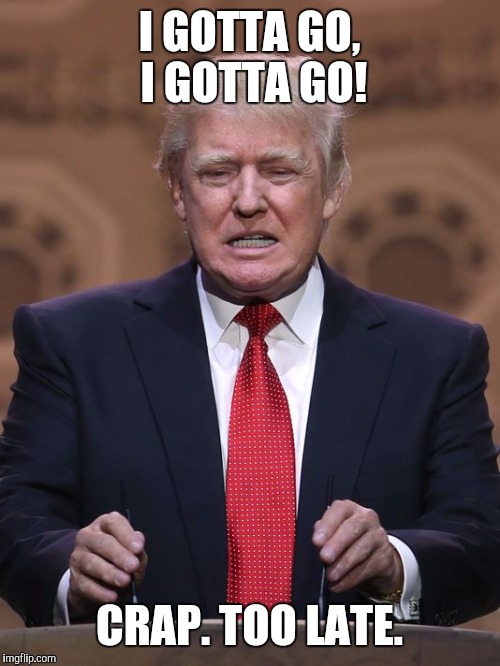 Donald Trump | I GOTTA GO, I GOTTA GO! CRAP. TOO LATE. | image tagged in donald trump | made w/ Imgflip meme maker