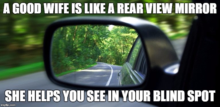 A GOOD WIFE IS LIKE A REAR VIEW MIRROR; SHE HELPS YOU SEE IN YOUR BLIND SPOT | image tagged in good wife | made w/ Imgflip meme maker