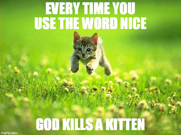 Every time I smile God Kills a Kitten |  EVERY TIME YOU USE THE WORD NICE; GOD KILLS A KITTEN | image tagged in every time i smile god kills a kitten | made w/ Imgflip meme maker
