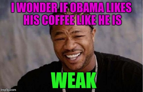 Yo Dawg Heard You | I WONDER IF OBAMA LIKES HIS COFFEE LIKE HE IS; WEAK | image tagged in memes,yo dawg heard you | made w/ Imgflip meme maker