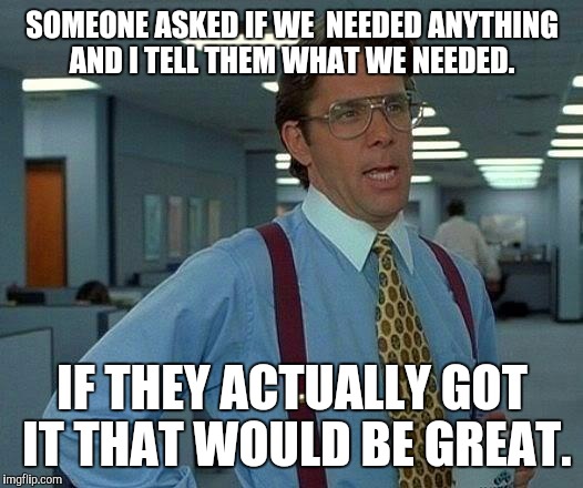 That Would Be Great Meme | SOMEONE ASKED IF WE  NEEDED ANYTHING AND I TELL THEM WHAT WE NEEDED. IF THEY ACTUALLY GOT IT THAT WOULD BE GREAT. | image tagged in memes,that would be great | made w/ Imgflip meme maker