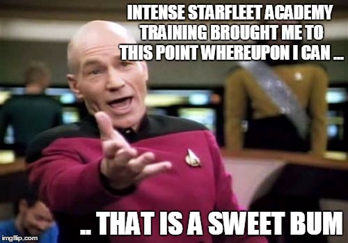 Picard Wtf Meme | INTENSE STARFLEET ACADEMY TRAINING BROUGHT ME TO THIS POINT WHEREUPON I CAN ... .. THAT IS A SWEET BUM | image tagged in memes,picard wtf | made w/ Imgflip meme maker