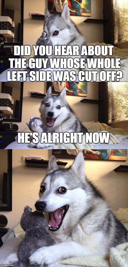 Bad Pun Dog | DID YOU HEAR ABOUT THE GUY WHOSE WHOLE LEFT SIDE WAS CUT OFF? HE'S ALRIGHT NOW | image tagged in memes,bad pun dog | made w/ Imgflip meme maker