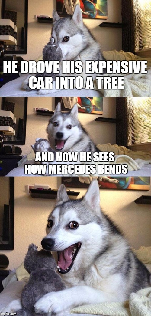 Bad Pun Dog | HE DROVE HIS EXPENSIVE CAR INTO A TREE; AND NOW HE SEES HOW MERCEDES BENDS | image tagged in memes,bad pun dog | made w/ Imgflip meme maker