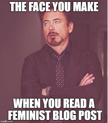 Face You Make Robert Downey Jr | THE FACE YOU MAKE; WHEN YOU READ A FEMINIST BLOG POST | image tagged in memes,face you make robert downey jr | made w/ Imgflip meme maker